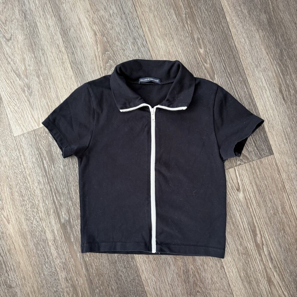 Brandy Melville Black Zip-Up Polo Crop Top | Slim Fit Minimalist Short Sleeve